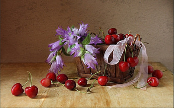 still life, bouquet, gentle, graphy, beauty, nice, flower, fruit, , elegance, ribbon, cherries, beautiful, pretty, cool, flowers, lovely, harmony HD wallpaper