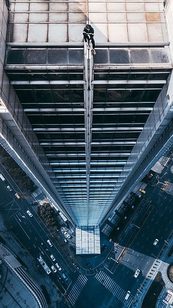 Rooftop, Person sitting, Skyscraper HD phone wallpaper