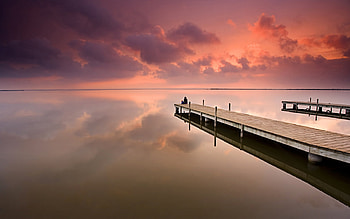 Sunset, sea, colors, pier, reflection, clouds, nature, sky, ocean HD wallpaper