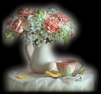 Tea and pastels, pink, white, black background, green, fruit, flowers, tea cup HD wallpaper