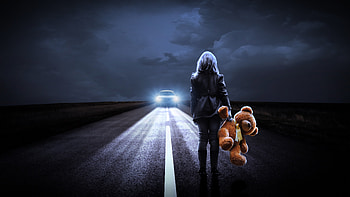 Girl Teddy Bear Night Road HD wallpaper