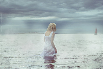 Left alone, seaside, clouds, sail, sky, girl, sailboat, water, ocean HD wallpaper