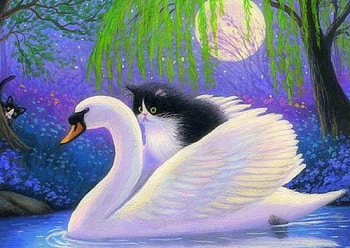 Moonlight Lake, kitten, attractions in dreams, cats, paintings, love four seasons, lakes, swans, animals, draw and paint, flowers, moons HD wallpaper