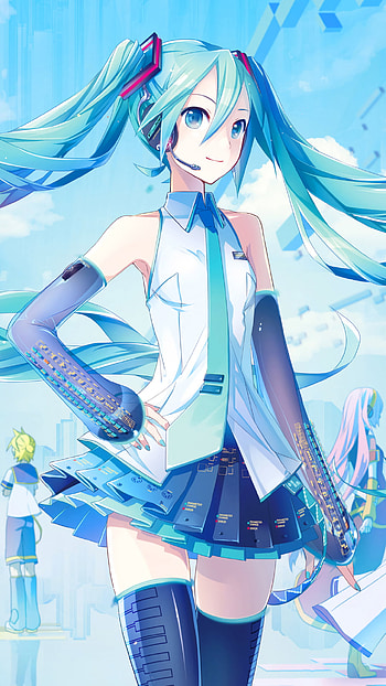 Hatsune Miku, tie, smile, aqua eyes, twintails, Hatsune Miku, thigh highs, heads, aqua hair, Anime, Vocaloid HD phone wallpaper