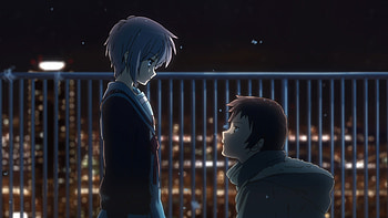 Yuki and Kyon, night, yuki nagato, suzumiya, roof, nagato yuki, kneed down, backlite, suzumiya haruhi, kyon, haruhi, city, yuki, back lite, backlight, back light, haruhi suzumiya, nagato, kneed HD wallpaper