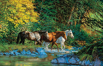 Crossing the river, animal, river, horse, painting, art, pictura, cal, water HD wallpaper
