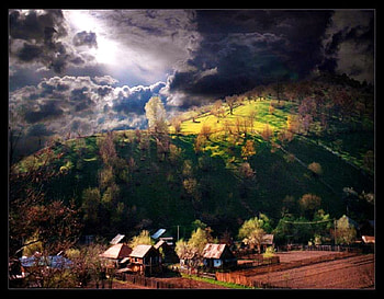 Valley light, rays, hills, bushes, houses, dar, valley, clouds, trees, sun, village, storm HD wallpaper