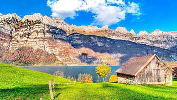 Nature, Mountains, Lake, Small House, Lodge, Fence, Brightly, Hedge HD wallpaper