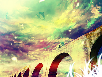 Beautiful ending ,Everthing will soon end!!!!, sunny, colorful, arches, brige, person, ending, cat, grass, going, moon, animals, dolphines, upside down, sunset HD wallpaper