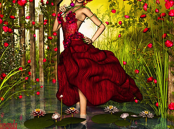 **Scent of Red Rosali**, grasses, plants, colors, reflections, fence, bright, trees, female, sweet, rosali, eyes, 3D art, leaves, pretty, face, leaf, scent, lilies, hair, lovely, colorful, cute, digital art, red dress, dress, fragrance, beauty, lips, water, pond, roses, garden, beautiful, characters, insects, red, love, flowers, redhead, lotus HD wallpaper