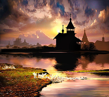Twilight peace, twilight, birds, cloudy sky, church, lake, sunset HD wallpaper