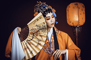 :), kimono, hand fan, asian, lantern, girl, evantai, orange, woman HD wallpaper