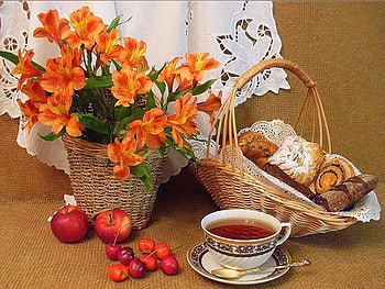 Still life, tea time, tea, berries, fruits, deliciuos, orange, nice, basket, pretty, yummy, flowers, lovely HD wallpaper