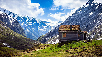 a norway hut, grass, mountains, snow, hills, hut, trees HD wallpaper