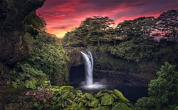 Hilo Hawaii, waterfall, Hawaii, forest, sunset HD wallpaper