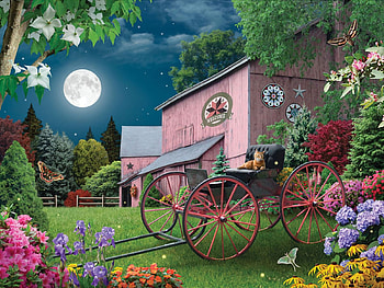 Serene Summer Night, artwork, digital, barn, moon, trees, garden, flowers, cart HD wallpaper