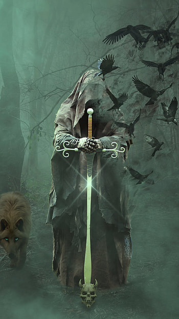 Wizard of Death in a Dark Forest, skull, crow, sword, wolf, bird, fantasy, dark, Dark Fantasy HD phone wallpaper
