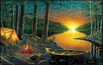 Evening by the Lake, sunset, artwork, boat, painting, trees, tent, campfire HD wallpaper