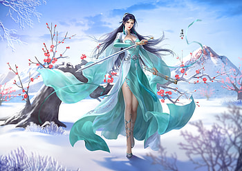 Fantasy girl, Winter, Trees, Mountain, Snow, Flowers HD wallpaper