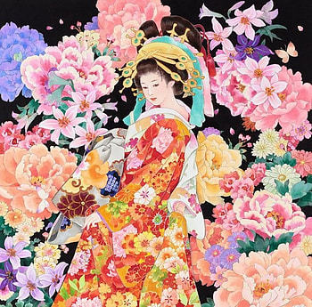 Geisha, pink, kimono, asian, art, red, girl, haruyo morita, flower HD wallpaper
