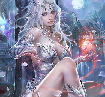 White Witch, night, long hair, dress, beauty, crown, lady, abstract, moon, wing, fantasy woman, female, spell, magic, beautiful, woman, fairy, fantasy, white hair, red, silver, sky HD wallpaper