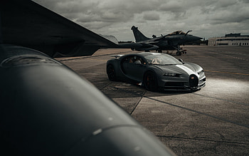 Bugatti Chiron Sport, hypercar, french fighter, Dassault Rafale, black matte Bugatti Chiron, luxury cars, Bugatti HD wallpaper
