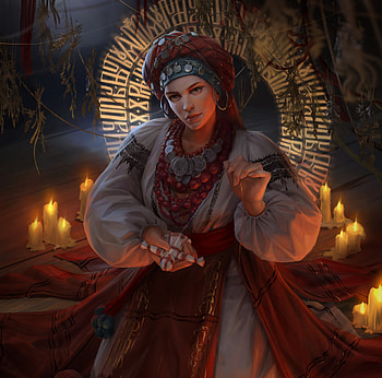 Witch, night, spell, art, diana khomutina, girl, dark, hand, fantasy, luminos HD wallpaper