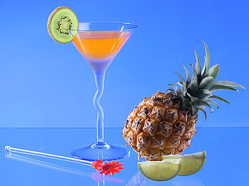 Stay cool, stir stick, summerorange, fruit slices, martini, lime slices, pineapple, martini glass, refreshing, cooling, blue background HD wallpaper