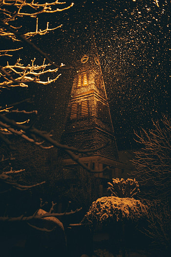 Night, Snow, Building, Dark HD phone wallpaper