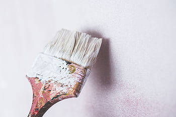 Close-up of a paintbrush applying white paint on a wall, showcasing a minimalist aesthetic. HD wallpaper
