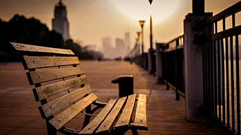 Bench, city, light, fence, relax, evening HD wallpaper
