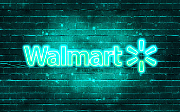 Walmart turquoise logo, , turquoise brickwall, Walmart logo, brands, Walmart neon logo, Walmart HD wallpaper