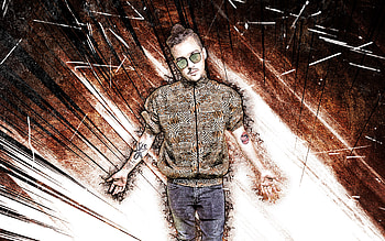 Mr Pig, grunge art, music stars, mexican DJs, superstars, Daniel Bautista, brown abstract rays, mexican celebrity, Mr Pig HD wallpaper