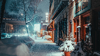 Snowfall, City evening, Nature's beauty, Winter scenery HD wallpaper