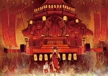 Boom!!!, umbrella, girl, wolf, spirit, anime, fantasy, original, red, fire HD wallpaper