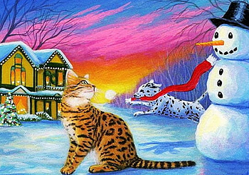 Winter Fun, dog, artwork, snowman, painting, snow, house, cat HD wallpaper
