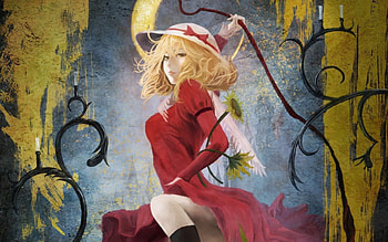 Touhou, Amazing, Manga, Mean, Sunflower, Medium Hair, Scary, Red Dress, Beautiful, Dress, Gorgeous, Emotional, Flower, Hat, Crazy, Anime Girl, Yellow Eyes, Lovely, Sinister, Awesome, Anime, Elly, Pretty, Mad, Serious, Dark, Angry, Blonde Hair, Sexy, Creepy, Blond Hair HD wallpaper