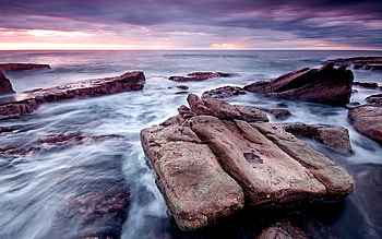 Sunset, sea, colors, rocks, purple, waves, clouds, nature, sky, ocean HD wallpaper