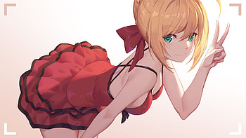Saber (Fate Series), Fate Series, Fate (Series), Anime, Fate/extra, Blonde, Dress, Green Eyes, Red Dress, Red Saber, Smile HD wallpaper