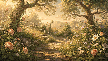 Sunlit Cottagecore Garden Path —, Cottagecore Garden, Garden, Path, Flower, Tree HD wallpaper