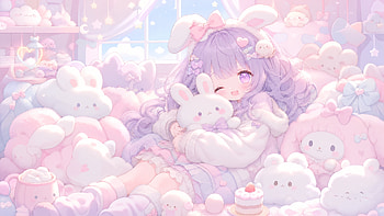 Pastel Kawaii Bunny Plush Dream — Cute Anime Girl HD wallpaper