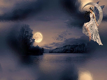 the moon and the fairy, night, fairy, water, moon HD wallpaper