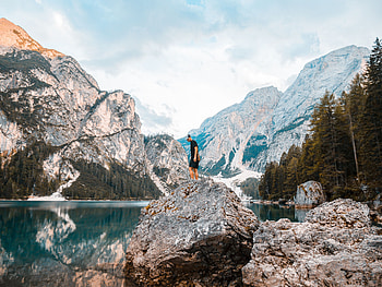 Nature, Mountains, Rocks, Lake, Miscellanea, Miscellaneous, Human, Person HD wallpaper