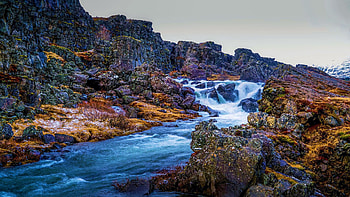 Near Pingvellir, Iceland, creek, clouds, sky, rocks, stones HD wallpaper