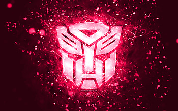 Transformers pink logo, , pink neon lights, creative, pink abstract background, Transformers logo, cinema logos, Transformers HD wallpaper