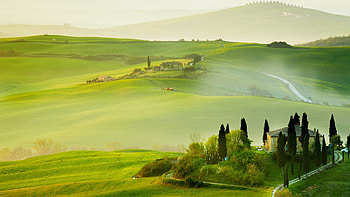 Tuscany's natural beauty, Foggy fields, Hillside landscapes, Scenic countryside HD wallpaper