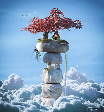 Sky, Art, Clouds, 3D, House HD phone wallpaper