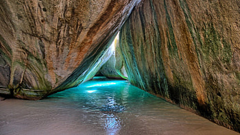 Cave, caves, sand, cliffs, water HD wallpaper