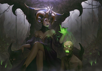 Evil witch, horns, girl, maleficent, dark, tree, halloween, fantasy, magical, green, inawong, luminos HD wallpaper