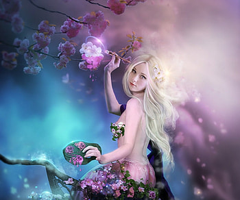 Spring, alexandra v bach, blue, pink, fantasy, art, primavara, girl HD wallpaper